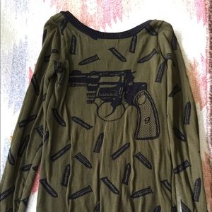 Betsey Johnson olive green gun and bullet sweater